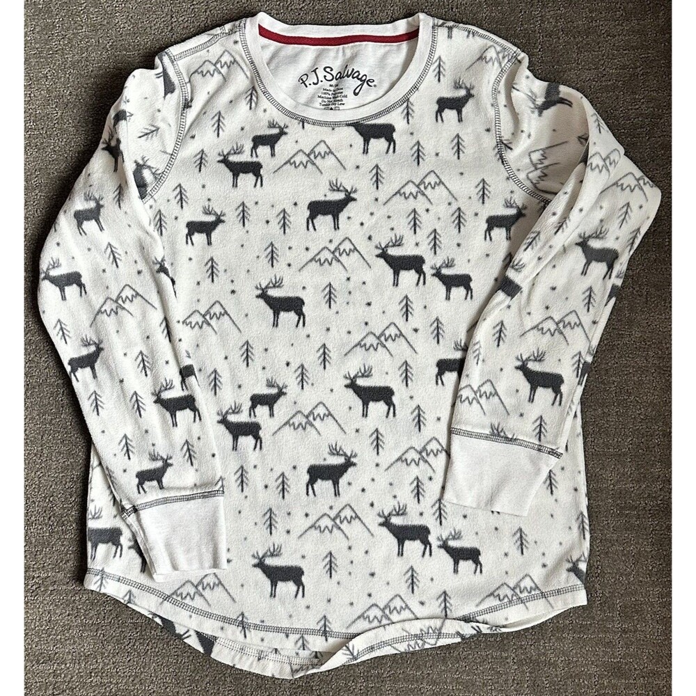 PJ Salvage Fleece Top Pajamas White Moose Winter Outdoors Long Sleeve Sz M - Picture 3 of 14